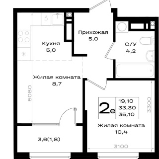 Объявление 2-к квартира, 35.1м2, 15/18 эт